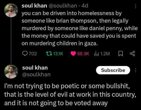 A screenshot of a Twitter/X post by 'soul khan' showing two tweets. The first tweet details a tragic chain of events…