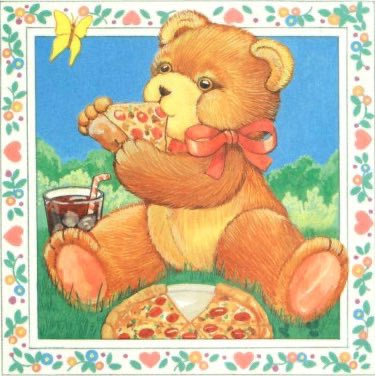 A vintage-style illustration of a brown teddy bear wearing a red bow, sitting on grass and eating a slice of pepperoni pizza…