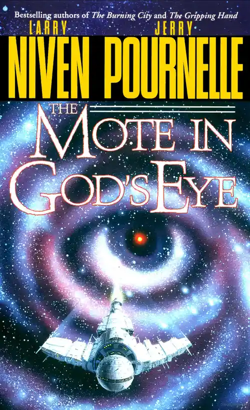 The image is the cover of the science fiction novel 'The Mote in God's Eye' by Larry Niven and Jerry Pournelle. It features…