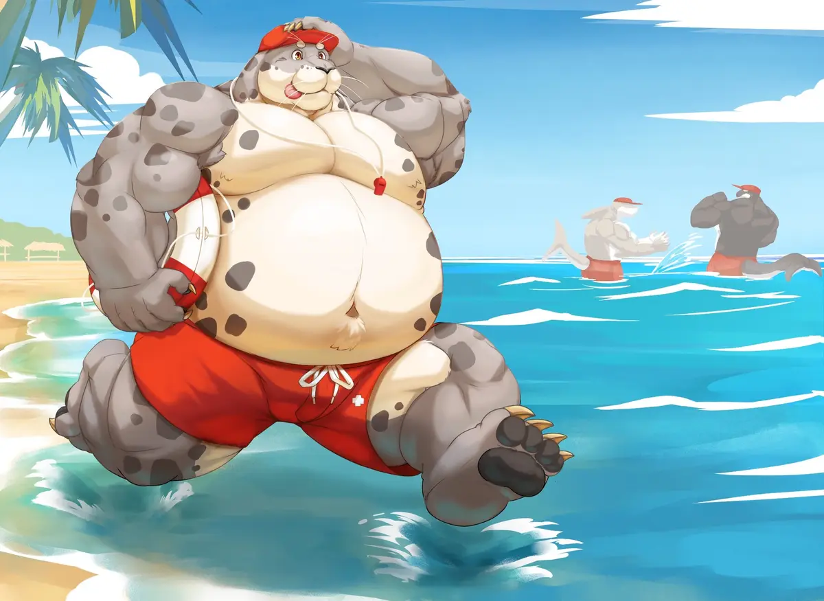 A cartoon seal with a massive, muscular physique and a large belly lounges in shallow ocean water at a beach, wearing red…