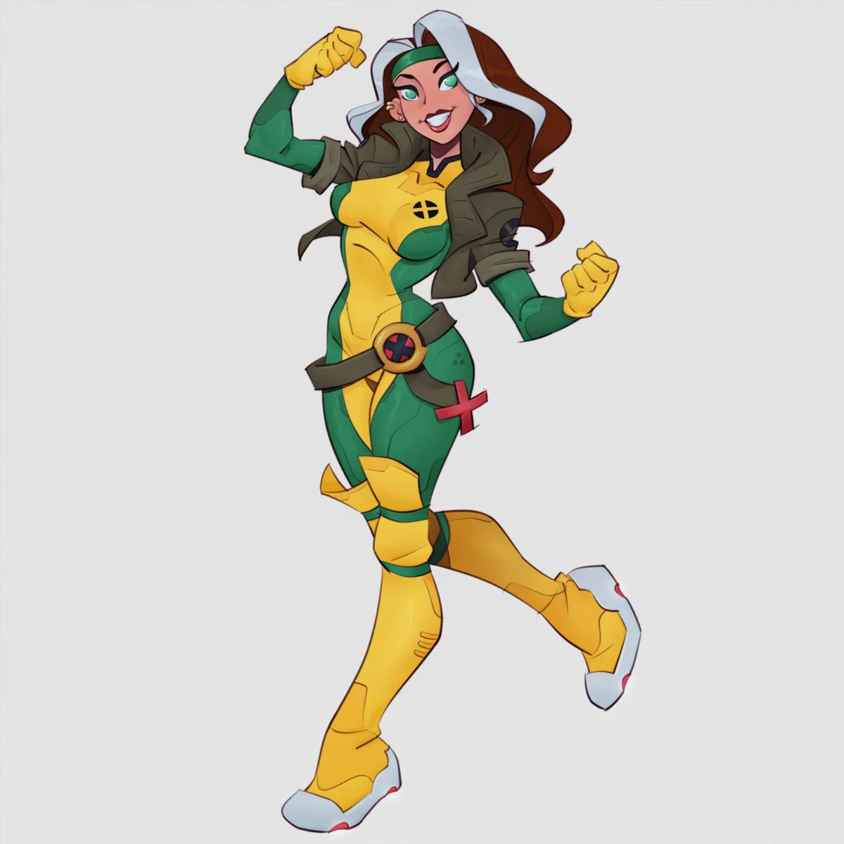 A cartoon illustration of a female superhero in a yellow and green X-Men-style costume with a white hood, flexing her bicep…
