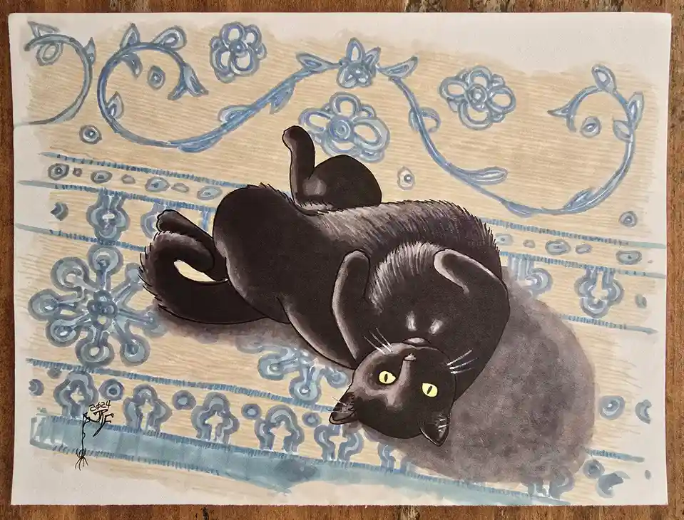 A hand-drawn illustration shows a black cat lying on its back on a patterned rug with blue floral and geometric designs. The…