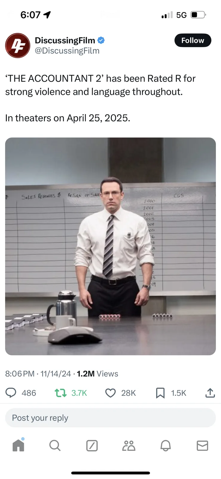 A screenshot of a tweet from 'DiscussingFilm' announcing 'THE ACCOUNTANT 2' is rated R for strong violence and language…