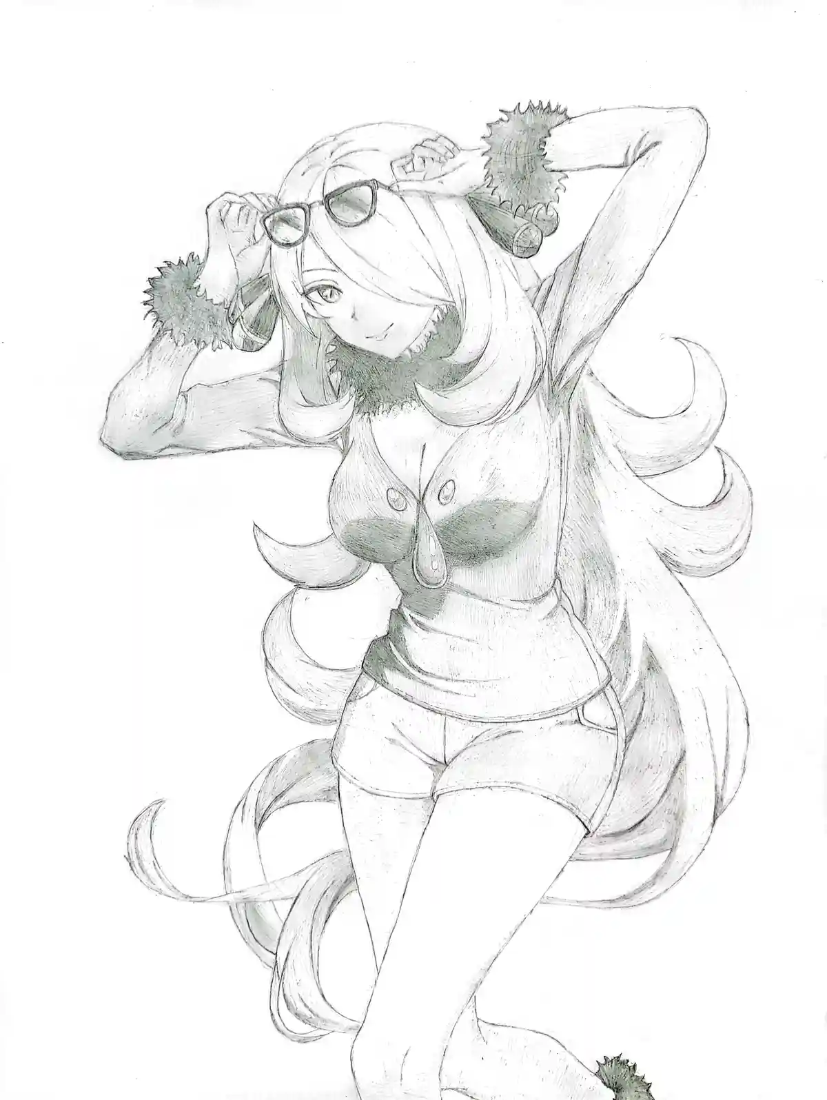A pencil sketch of an anime-style girl with long hair and multiple tails, wearing a top and shorts, adjusting sunglasses on…