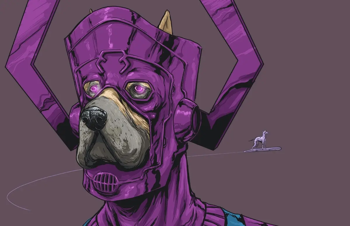 A large bulldog wearing a purple, angular, sci-fi helmet with glowing eyes dominates the foreground. In the background, a…