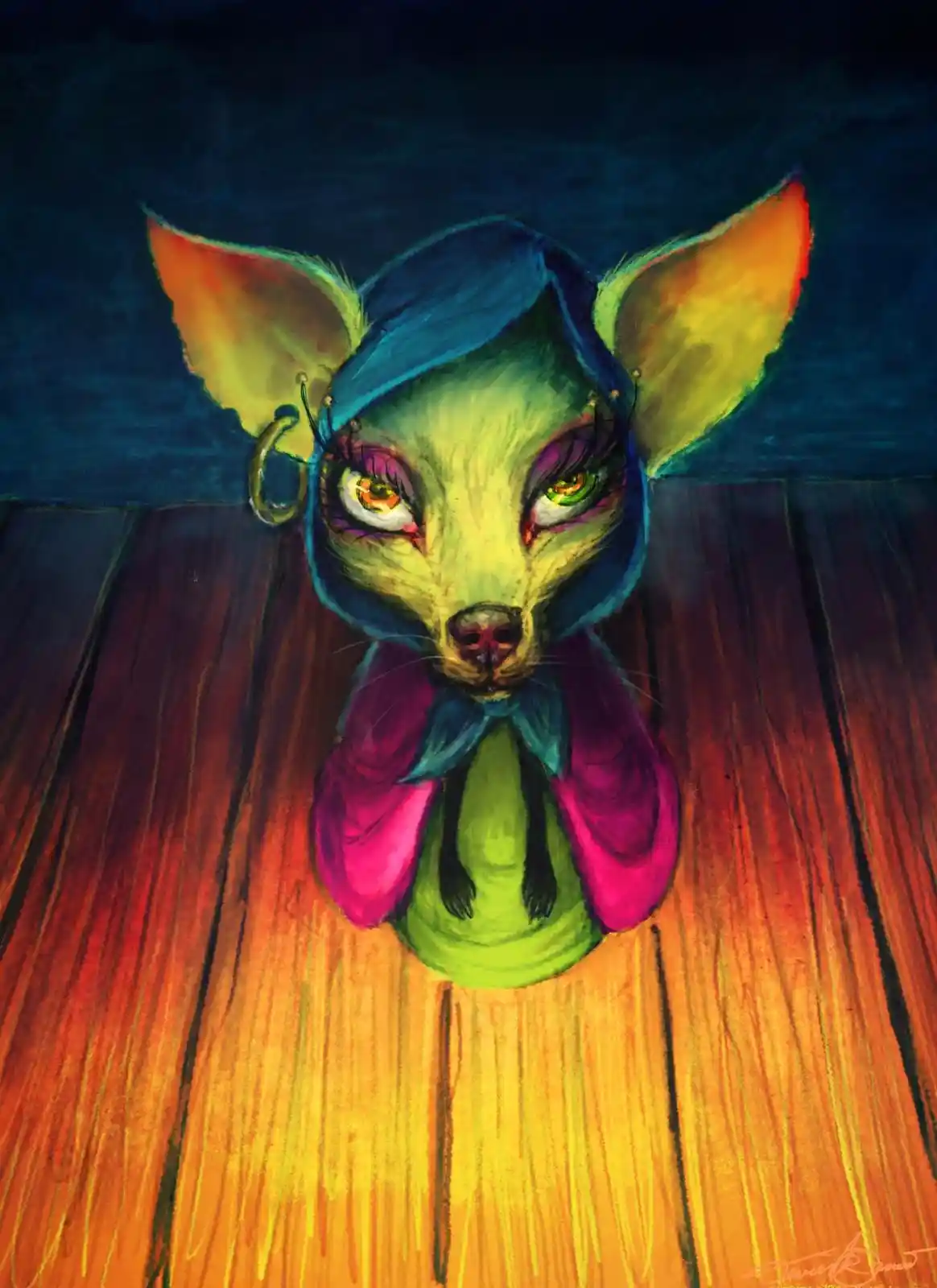 A stylized, colorful illustration of a fox-like creature with large, expressive eyes, wearing a blue hood and a pink scarf…