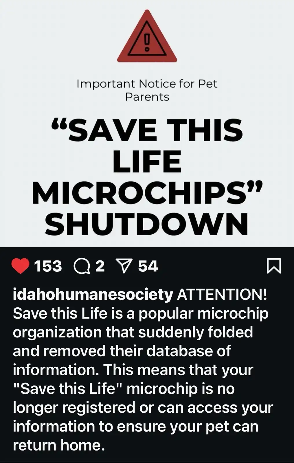 An image mimicking a social media post from 'idahohumanesociety' with a red warning triangle icon and bold text reading…