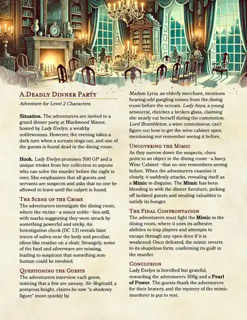 An illustrated fantasy adventure sheet titled 'A Deadly Dinner Party' for Level 2 characters, featuring a grand, candlelit…