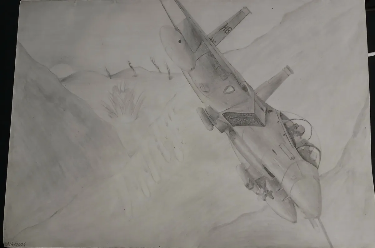 A pencil sketch depicts a fighter jet flying low over a barren, hilly landscape. The plane is angled steeply downward…