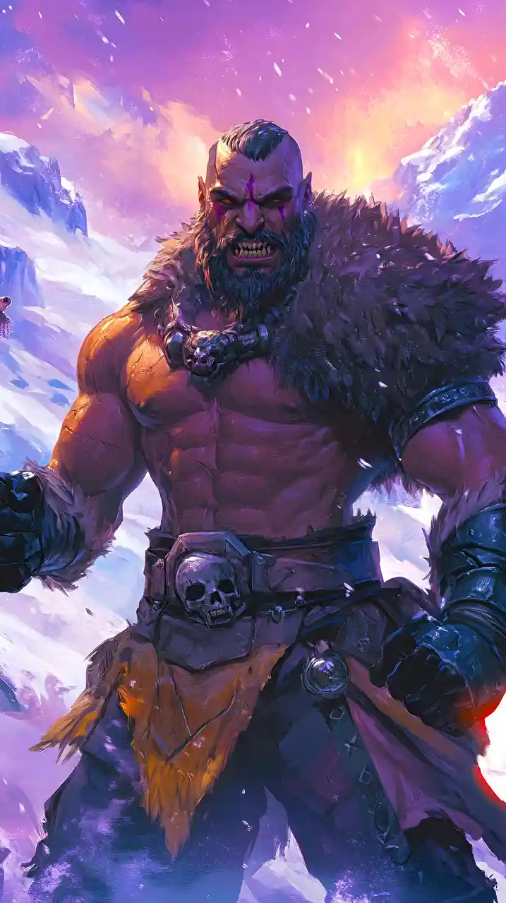 A muscular, angry orc-like warrior with a fur-lined cloak and skull-adorned belt stands in a snowy mountain landscape under…