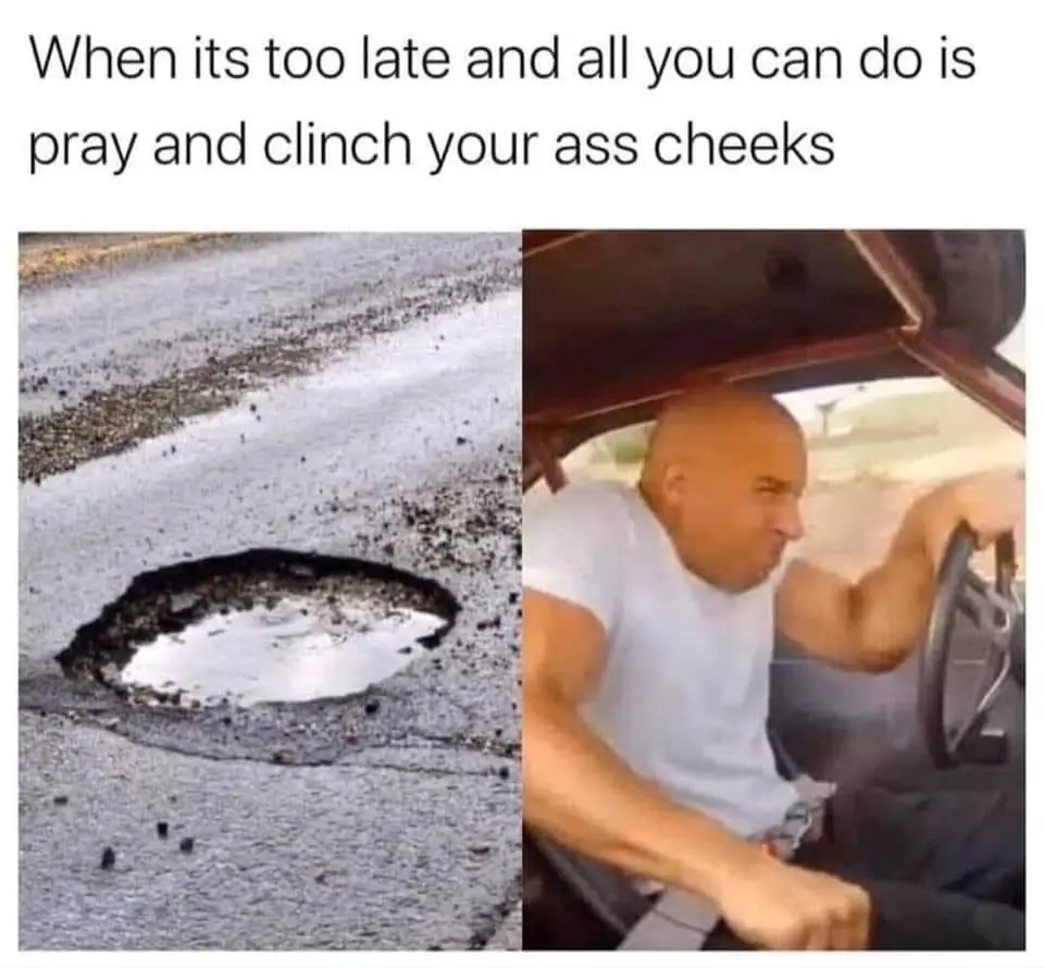 The image is split: left side shows a large, deep pothole in a road, right side shows a bald man in a white t-shirt driving…