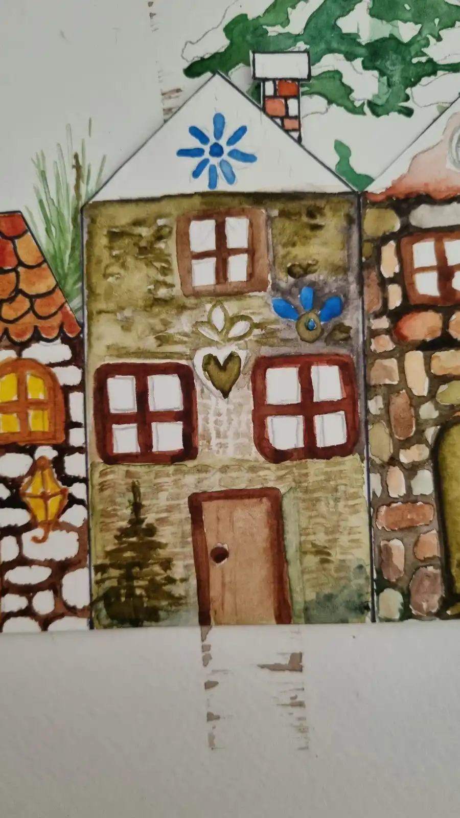 A watercolor illustration of a quaint, hand-drawn house with a brown door, multiple windows, and decorative blue flowers and…