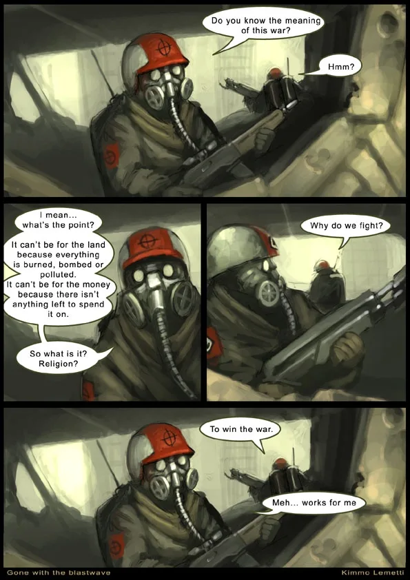 A four-panel comic depicts two soldiers in gas masks and military gear inside a vehicle. The first soldier asks the second…