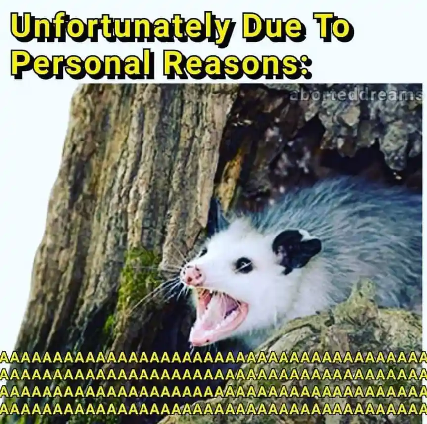 An image of a startled opossum with its mouth wide open in a scream, positioned near a tree trunk. The top text reads…