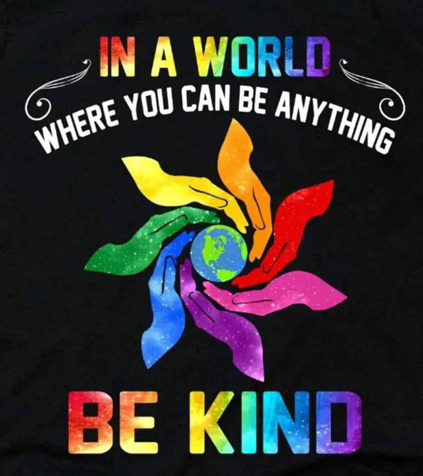 A black t-shirt graphic features rainbow-colored hands forming a circle around a small globe, with the text 'IN A WORLD…