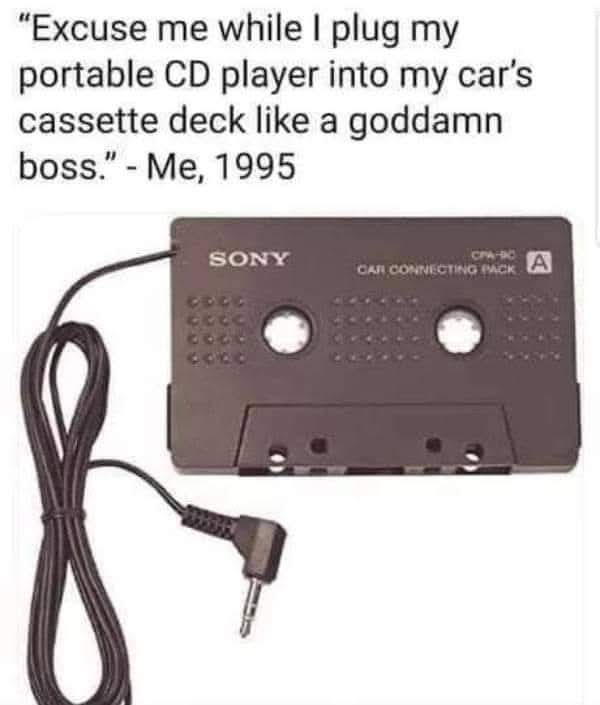 A black Sony cassette adapter labeled 'CPA-8C CAR CONNECTING PACK A' with a coiled cable and 3.5mm plug, overlaid with text…