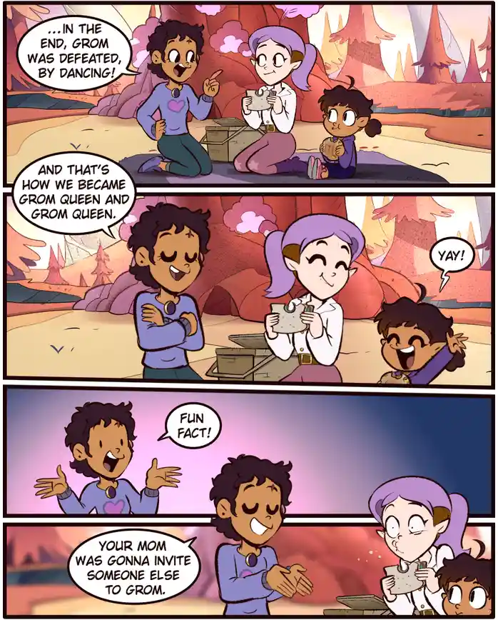 A four-panel comic strip from 'The Owl House' shows three characters in a desert-like setting. In the first panel, a boy…