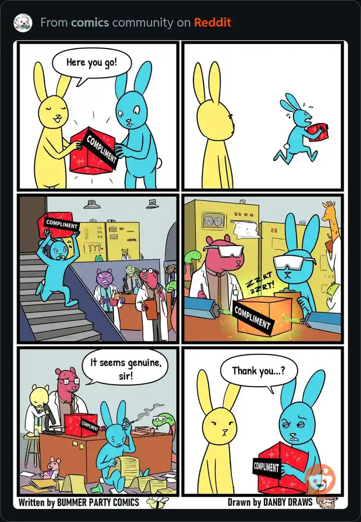 A six-panel comic strip featuring cartoon rabbits. A yellow rabbit gives a blue rabbit a red box labeled 'COMPLIMENT'. The…