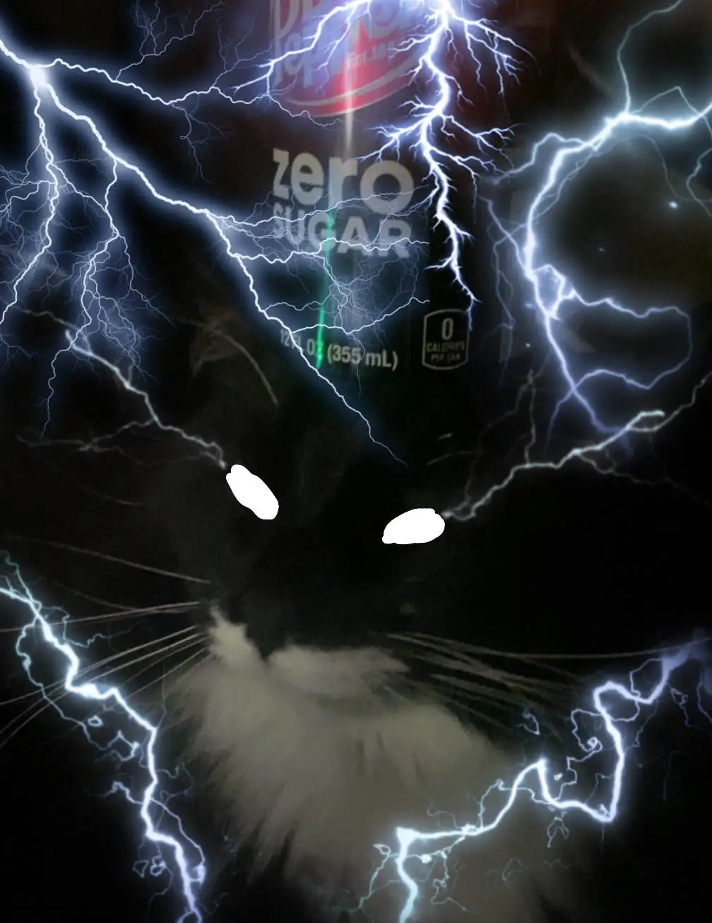 A black and white cat's face is edited with bright blue lightning bolts forming its ears and whiskers, while its eyes are…
