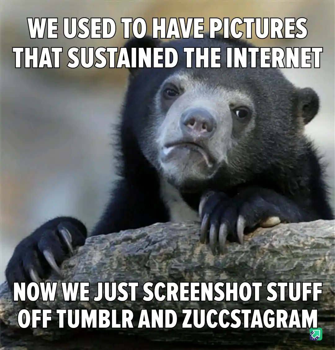 A close-up photo of a sad-looking spectacled bear resting its paws on a log, with white bold text overlaid at the top and…