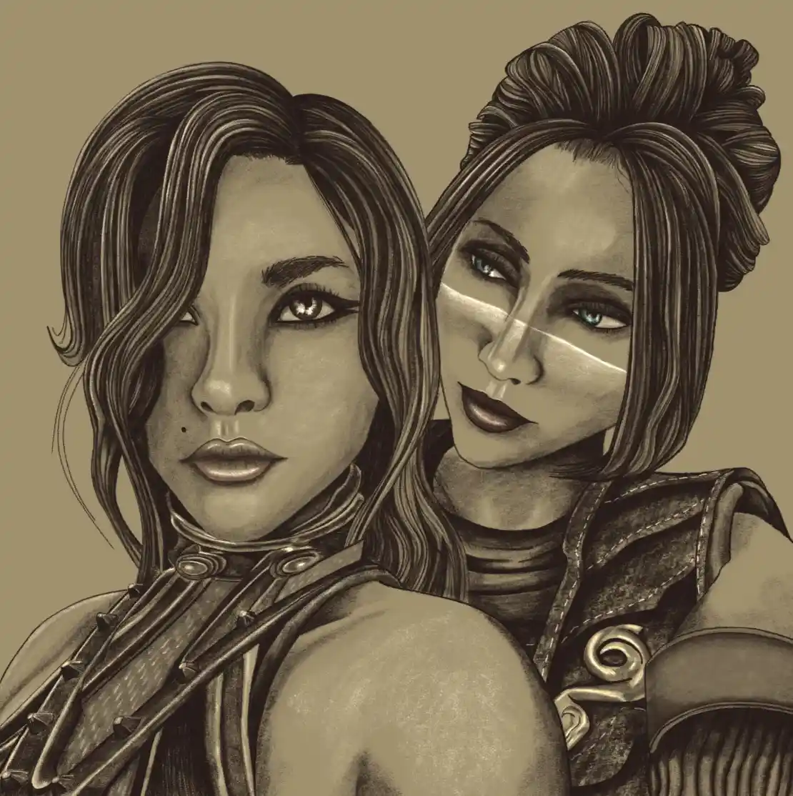 A sepia-toned illustration of two women in fantasy armor, one with long hair looking forward, the other with a high bun and…