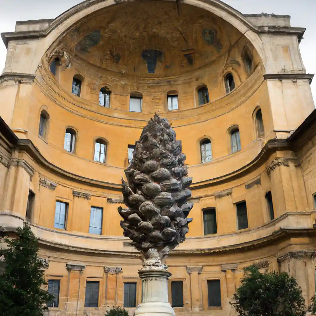 a large, dark, textured pinecone sculpture stands on a pedestal in front of a massive, circular, yellowish stone building…