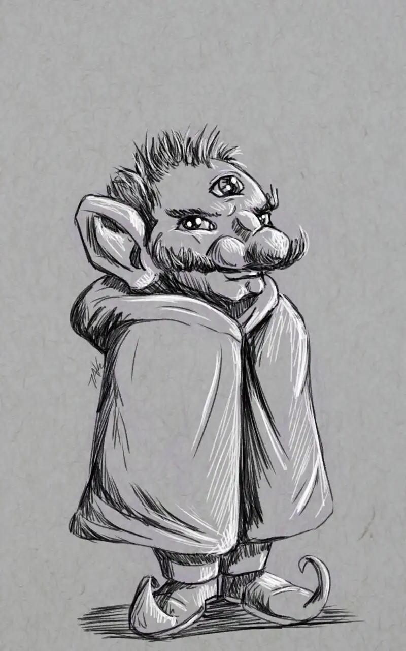 A black-and-white sketch of a small, furry creature with pointed ears, a mustache, and a tail, wearing a robe and shoes…