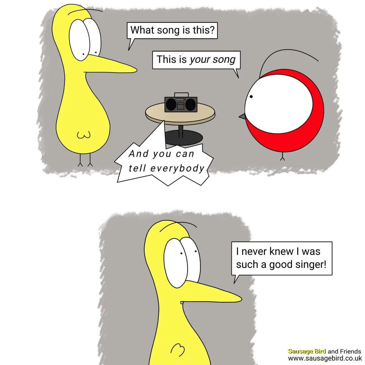 A two-panel cartoon featuring a yellow bird and a red bird. In the top panel, the yellow bird asks what song is playing from…
