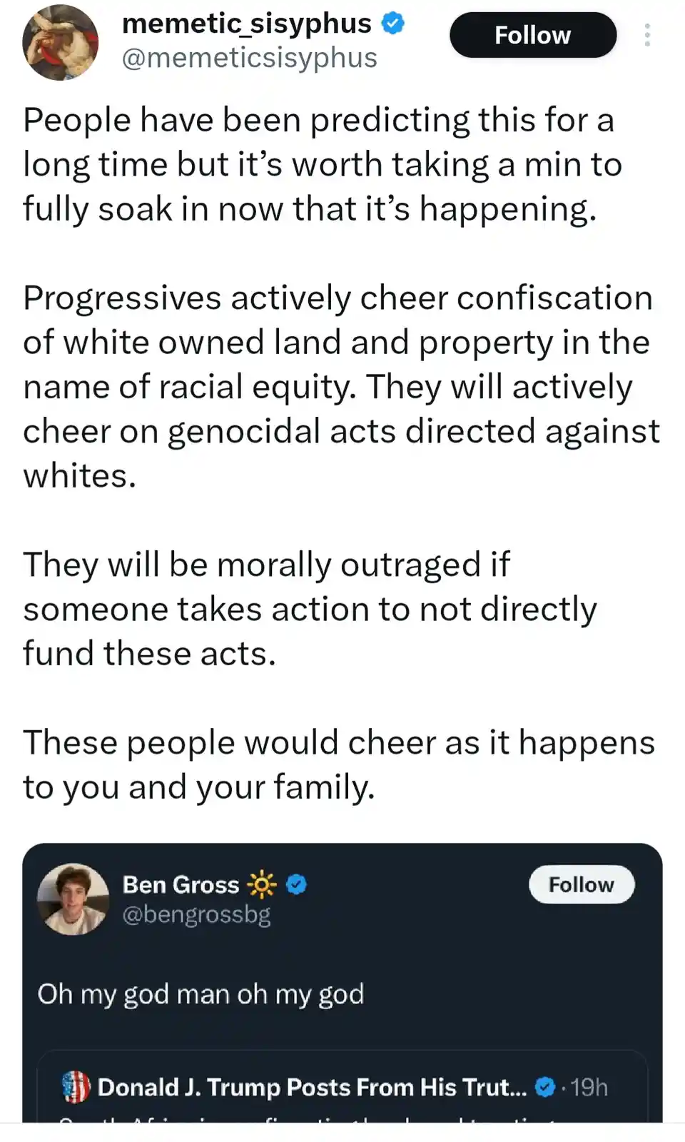 A screenshot of a Twitter thread where the top post by 'memetic_sisyphus' contains a long text claiming progressives support…