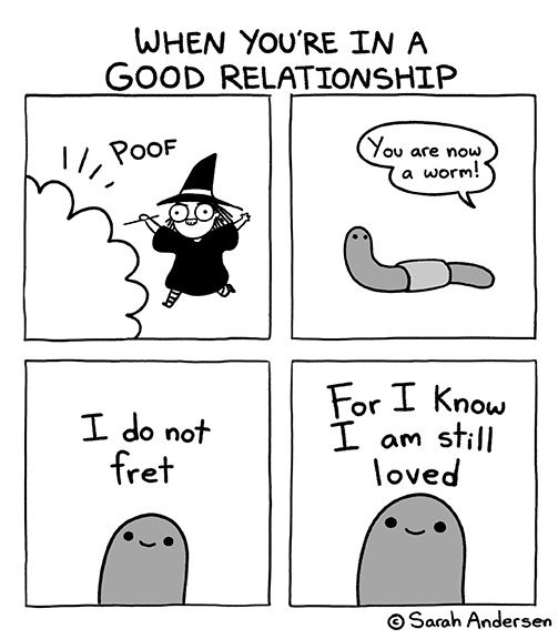 A four-panel comic strip by Sarah Andersen shows a witch turning a worm into a worm, then the worm calmly stating 'I do not…