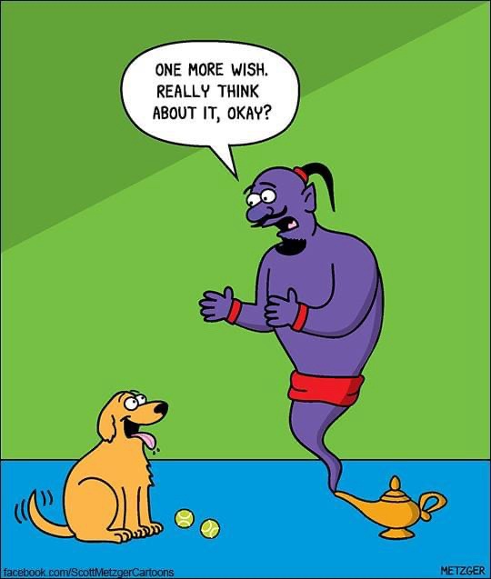 A purple genie with a red waistcloth and a mustache stands on a blue floor next to a golden lamp, gesturing toward a golden…