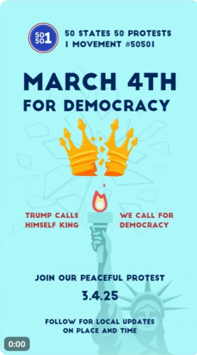 A light blue protest flyer graphic features a central image of the Statue of Liberty holding a torch, with two golden crowns…