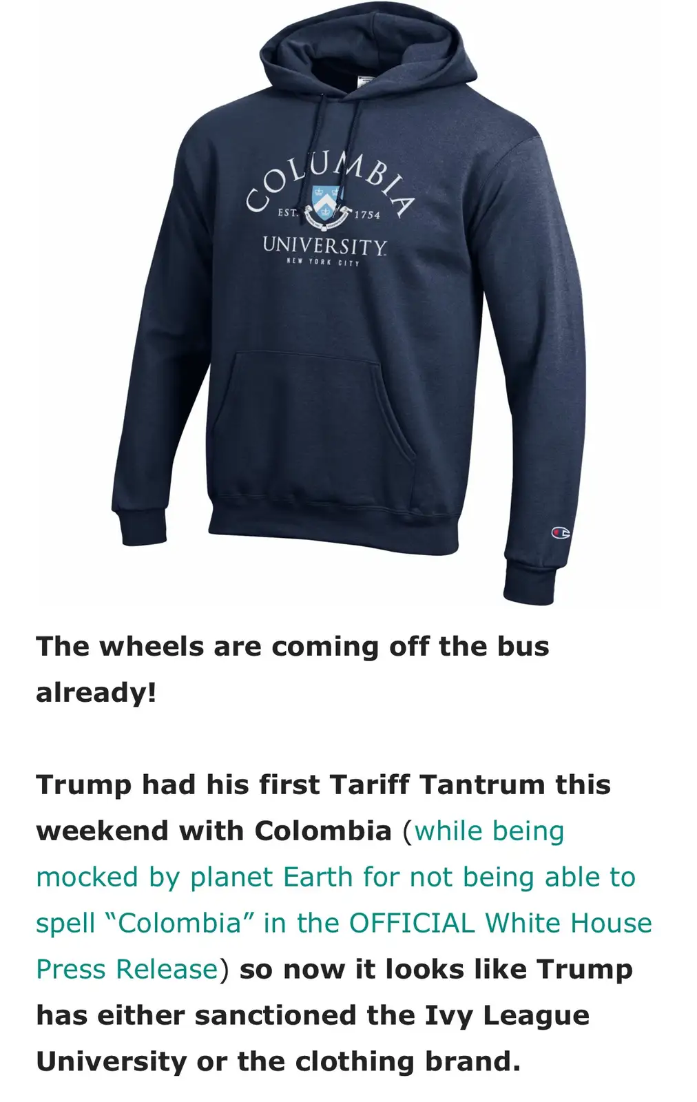 A navy blue Champion hoodie with a white Columbia University crest is shown against a white background. The text overlaid on…