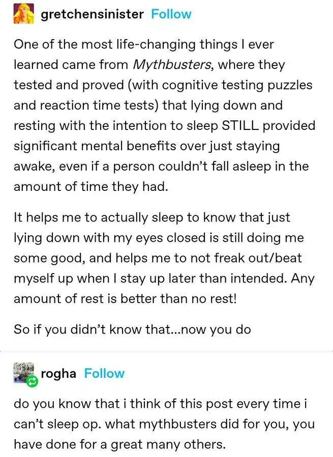 A screenshot of a social media post by user 'gretchensinister' sharing a life-changing lesson from Mythbusters about the…