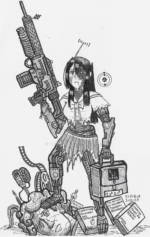 A black-and-white line drawing depicts a heavily cybernetic anime-style girl with a mechanical arm and leg, holding a large…