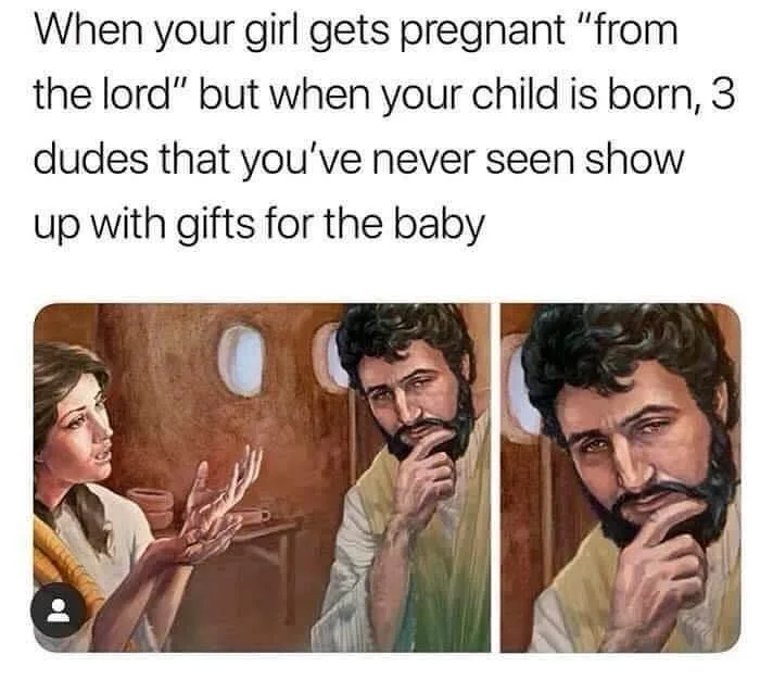 The image shows a split-panel illustration of a man with a beard and robe looking thoughtful, first with a woman gesturing…