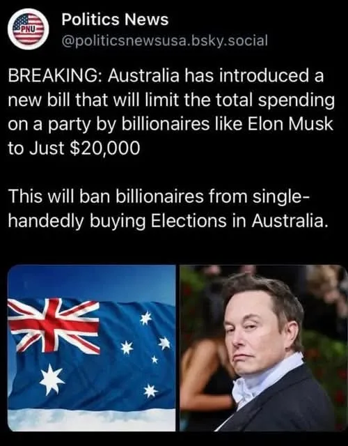 The image displays a split-screen: on the left, the Australian flag waving against a blue sky; on the right, a photo of Elon…