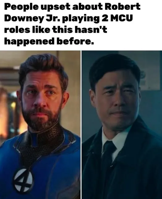 The image shows two side-by-side photos of actors: on the left, a man with a beard in a blue superhero costume with a white…