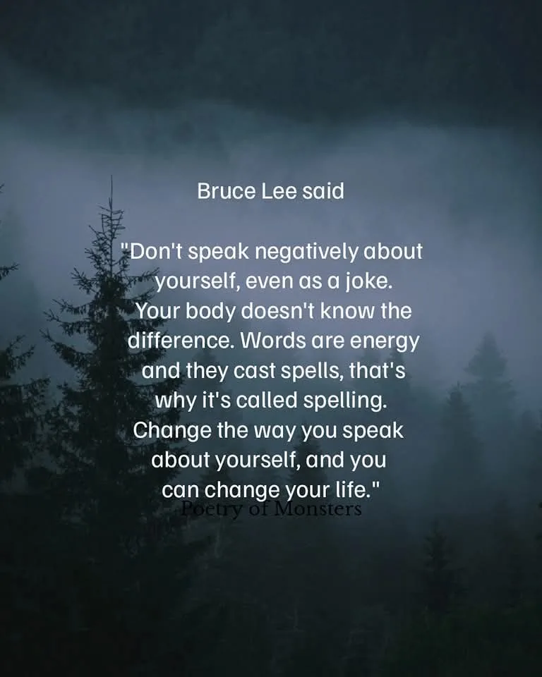 A dark, misty forest scene with silhouetted pine trees under a gloomy sky. Centered white text quotes Bruce Lee, falsely…