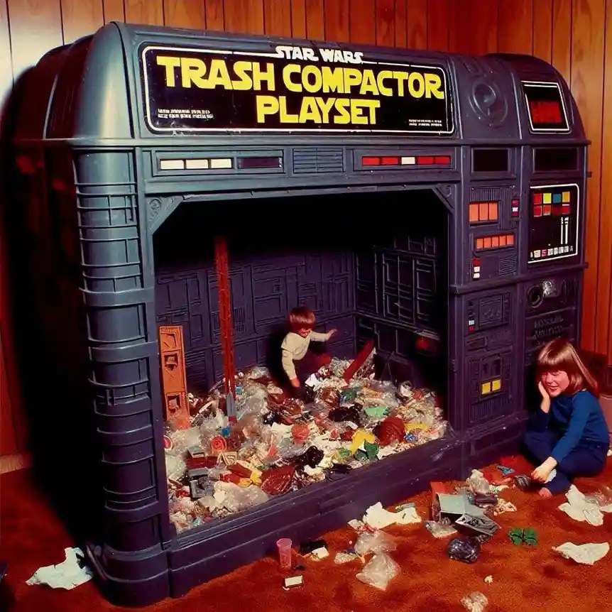 A vintage Star Wars trash compactor playset is filled to the brim with colorful plastic toys and packaging, with a child…
