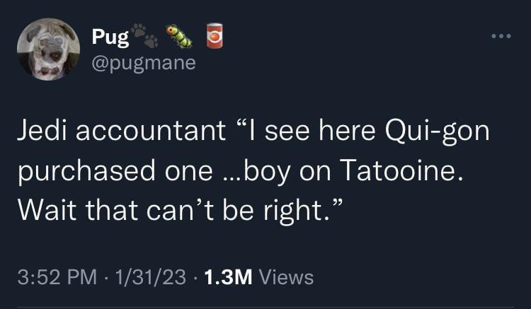 A screenshot of a tweet from a user named 'Pug' with a pug dog profile picture, showing a humorous text overlay that reads…