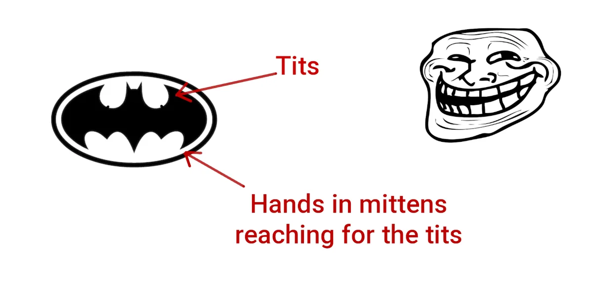 The image shows the Batman logo with red arrows pointing to its upper and lower curves, labeled 'Tits' and 'Hands in mittens…