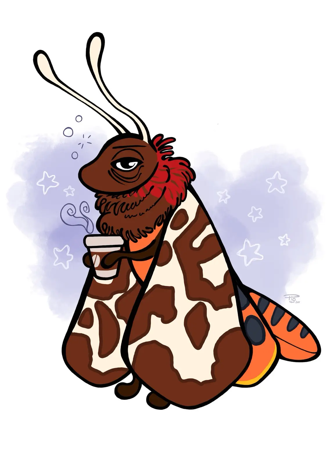 A cartoon moth with brown and cream spotted wings, a red fluffy collar, and long antennae holds a coffee cup. Steam rises…