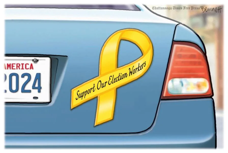 A cartoon illustration of the rear of a light blue car showing a yellow ribbon sticker with the text 'Support Our Election…