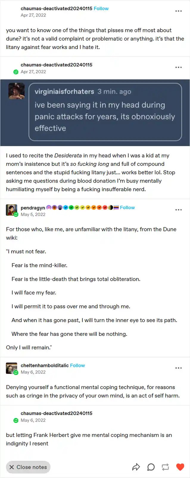 A screenshot of a social media thread where a user expresses frustration that the 'Litany Against Fear' from Dune works too…