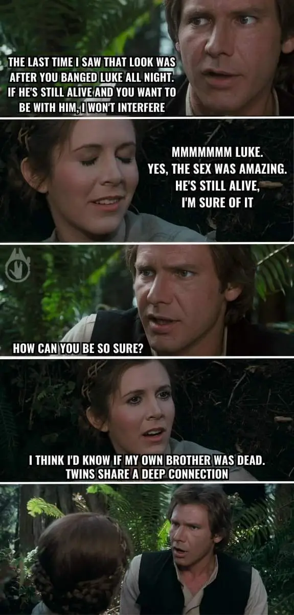 A five-panel meme using scenes from Star Wars: Episode VI - Return of the Jedi featuring Han Solo and Leia Organa. Han asks…