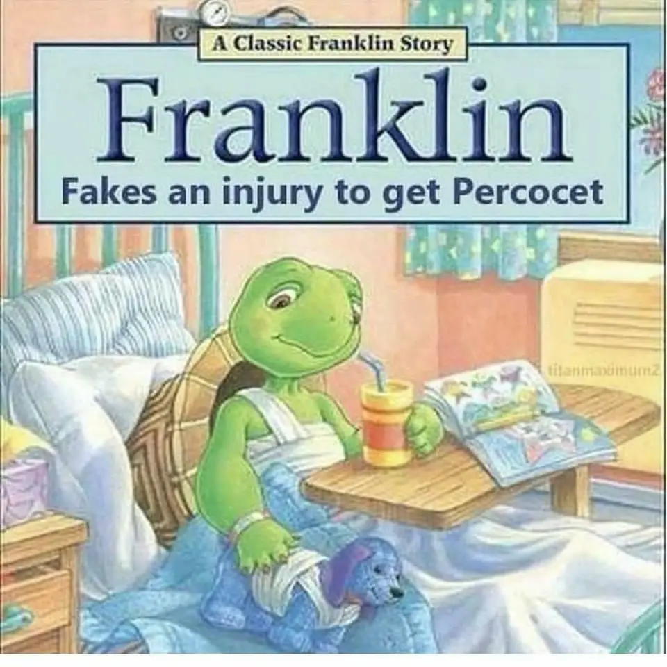 A child's book cover featuring a green turtle named Franklin in bed with a cast on his arm and leg, sipping a drink through…
