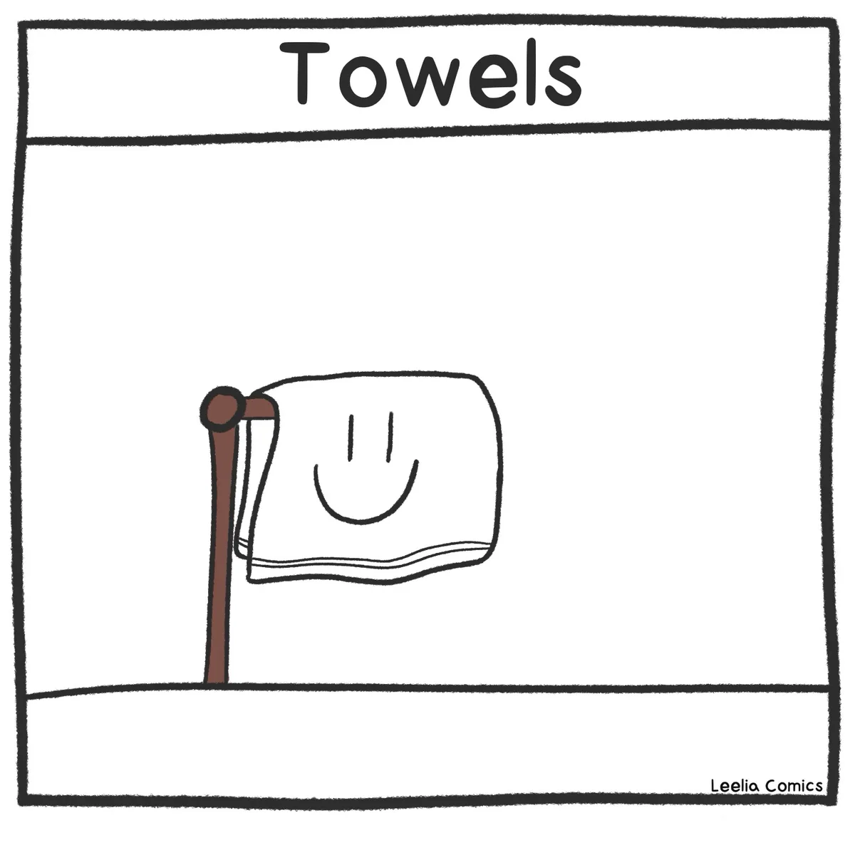 A simple black-and-white cartoon drawing shows a towel with a smiling face hanging on a brown towel rack. The word 'Towels'…