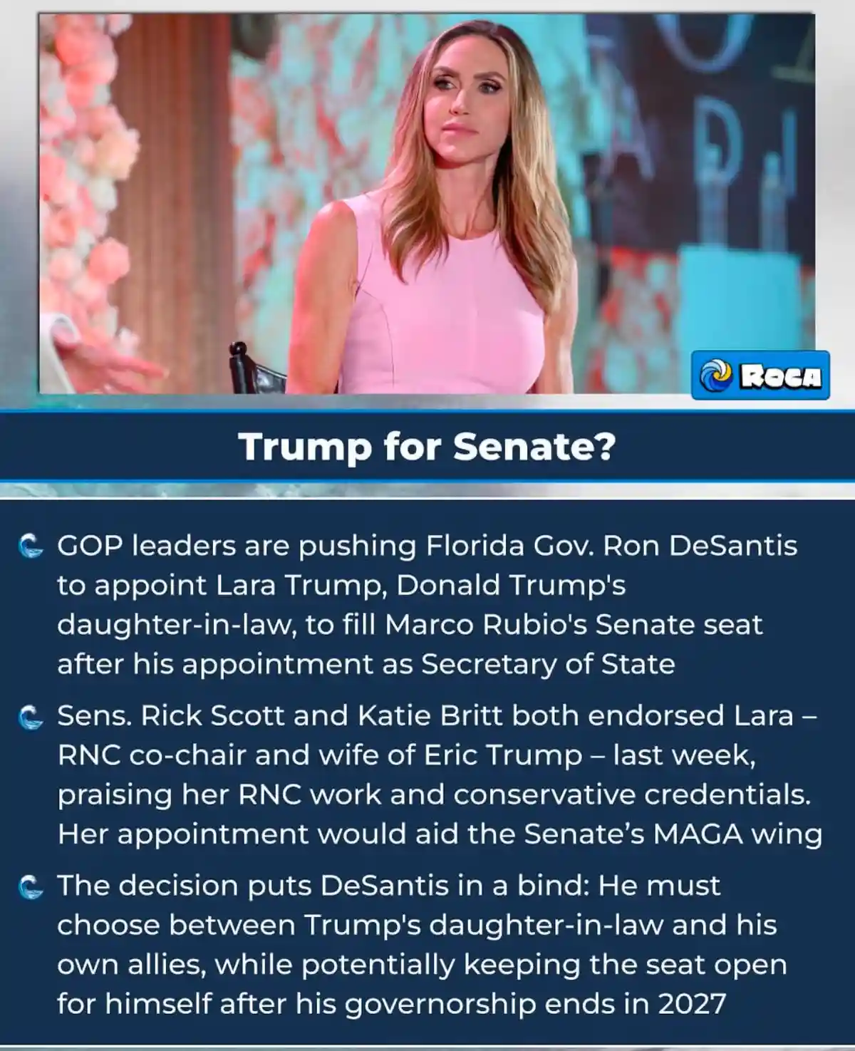 A news graphic shows a woman in a pink dress looking off to the side, with a headline asking 'Trump for Senate?' and three…