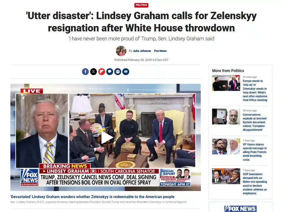 A Fox News article screenshot shows a split-screen image: on the left, Senator Lindsey Graham looks serious; on the right…